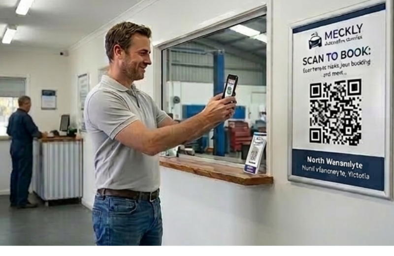 Customer scanning QR code at workshop counter